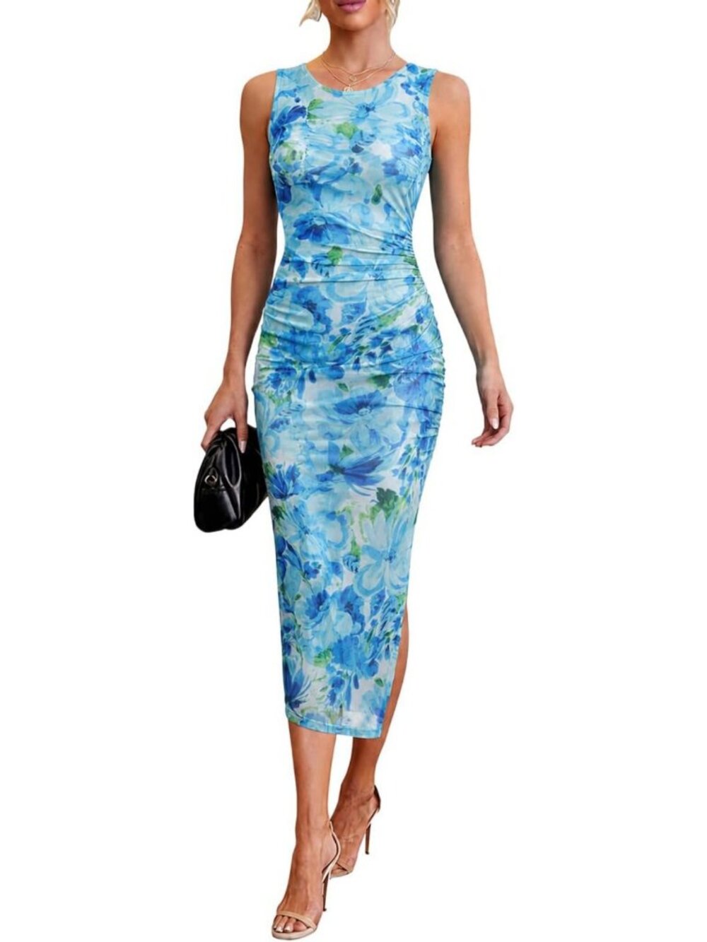 Floral Bodycon Midi Dress - Ruched Mesh, Sleeveless, Summer Wedding Guest